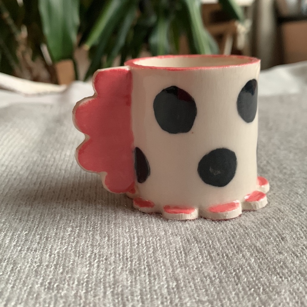 CREATION - Handmade Ceramic Coffee Expresso Cup - Pink Flower base with dots